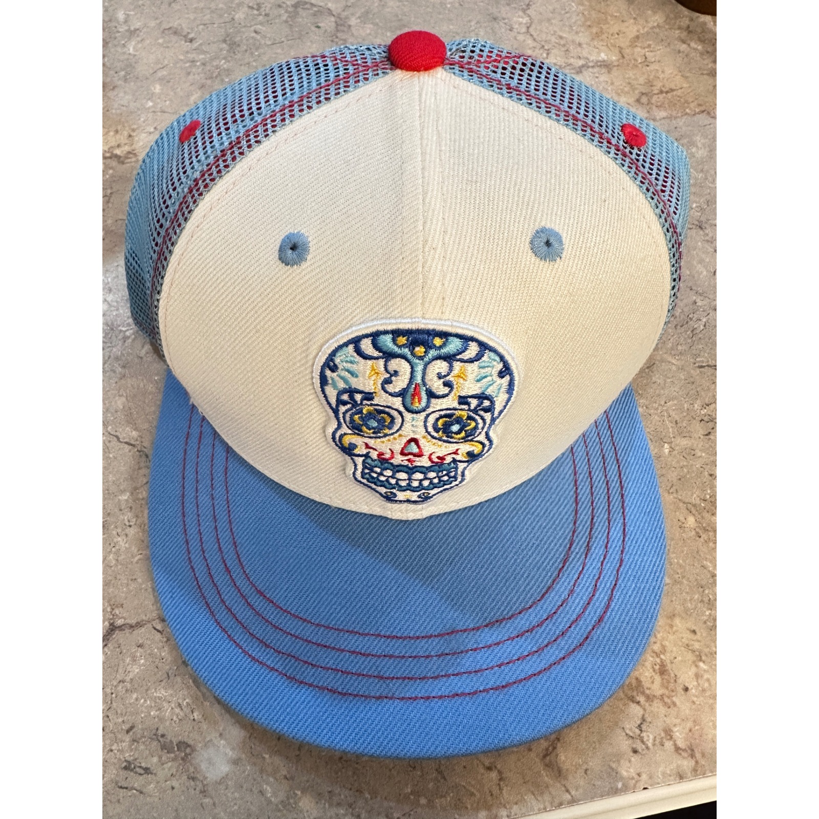 Akseis Sugar Skull Trucker Hat Blue Cream Mesh Snapback Cap Day Of The Dead
